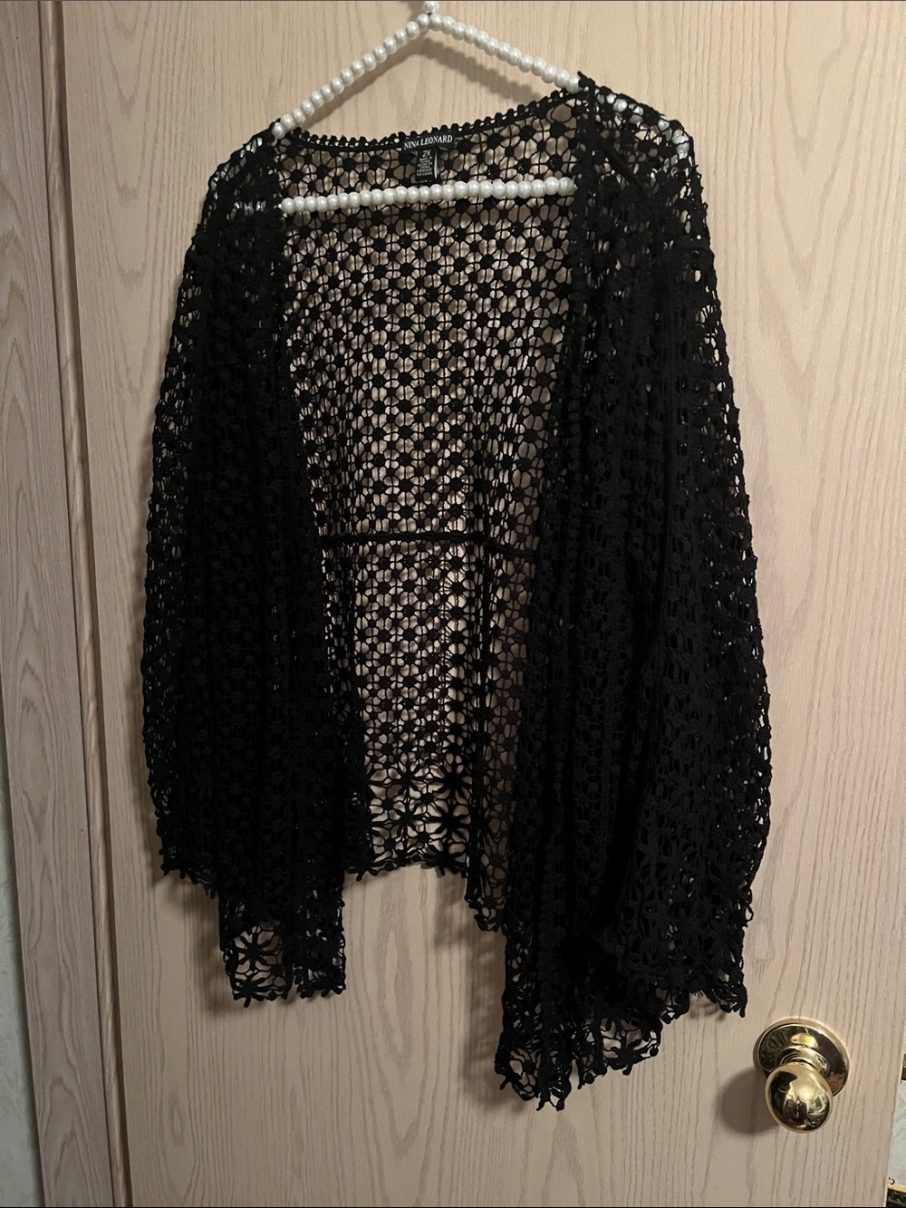 Nina Leonard Black Open Crochet Duster Cardigan